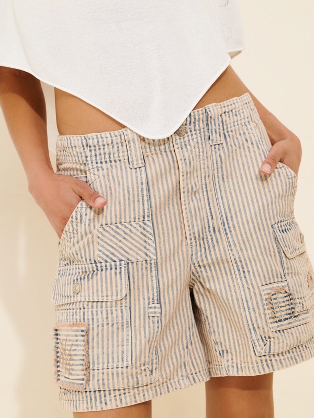 Free People Striped Cargo Shorts in Cream & Blue